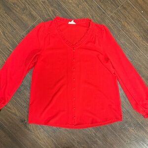 COTTON BLEU RED V NECK BUTTON DOWN LONG SLEEVE RUFFLE AT WRISTS